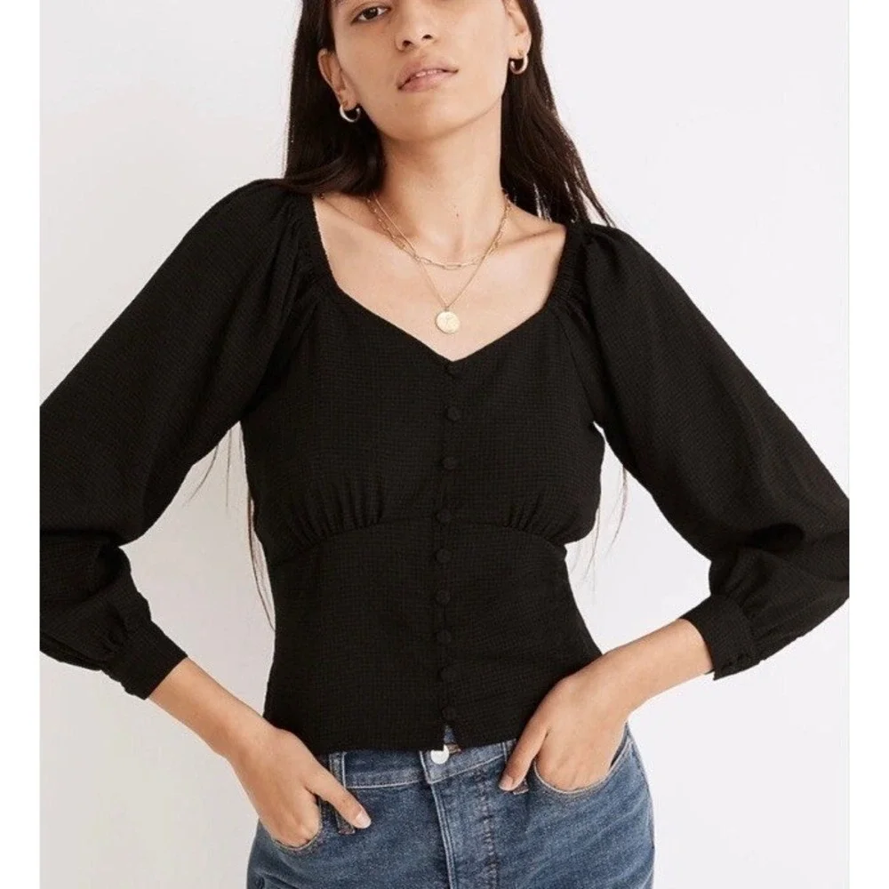 Madwell Black Gingham Seersucker Puff Sleeve Button Front Top Blouse‎ Medium M